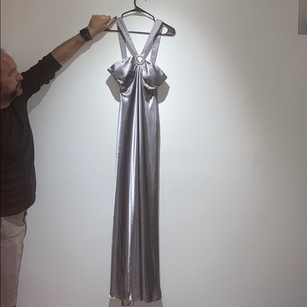 Silver satin floor length dress